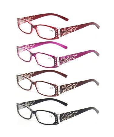 Kerecsen Reading Glasses 4 Pairs Ladies Readers Spring Hinge with Laser Pattern Eyeglasses for Women (4 Pack Mix Color 4.0)