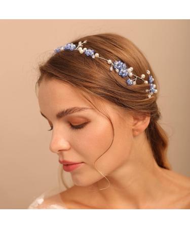 Blue Flower Rhinestone Wedding Headband | Handmade Pearl Bridal Hair Accessory - Buy Online on GoSupps.com