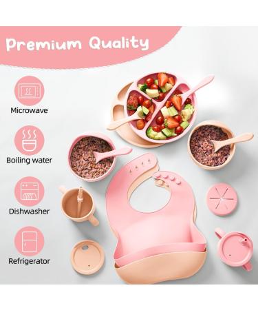 Shop Mumez 14-Part Children's Suction Plate Set - BPA-Free Silicone Baby Plates Bowls Cups & Bibs - Pink & Peach - International Shipping Available - Buy Online on GoSupps.com