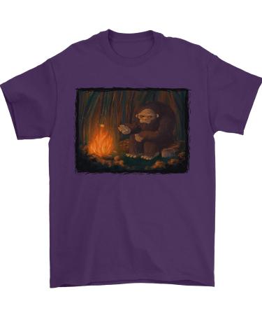 Bigfoot Camping and Cooking Marshmallows Mens T-Shirt 100% Cotton S Purple