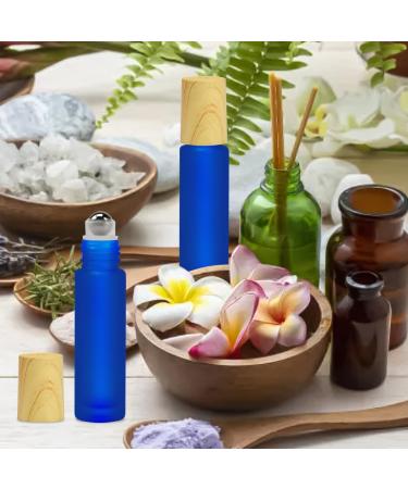 Frosted Glass Essential Oil Roller Bottles 10pcs - Dark Blue, Wood Grain Cap, Stainless Steel Roller Balls - 10ml Empty Perfume Bottles - Buy Online on GoSupps.com