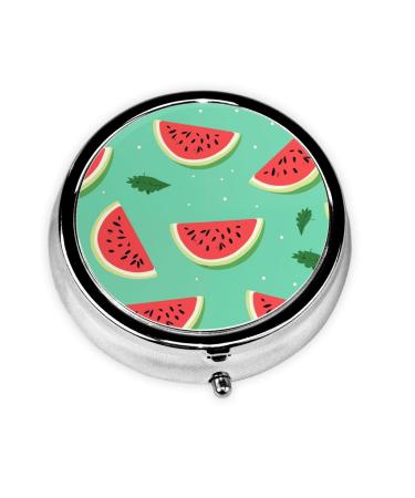 Red Watermelon. Portable Metal Pill Box Round Mini 3-Compartment Plastic Insert hinged Fastening Design Suitable for Small Pills Must-Have for Travel
