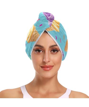 Colored Ice Cream Hair Towel 2 Pack Super Absorbent Hair Drying Towel Quick Dry Hair Turbans Head Towel with Button Twisty Wrap for Women Girls