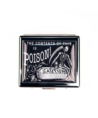 Vintage Poison Caution 7 Days Chromed Shiny Silver Pill Organizer with Mirror Inside Has 8 Separate Compartments Rectangle 7 Days Pill Box Pill Case
