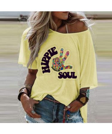 Ppanguding Women's Off Shoulder Rainbow T-Shirt - Summer Graphic Blouse Tops in Yellow | XL Size Fashion - Buy Online on GoSupps.com