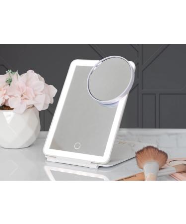 GENUINELY AZUSALV LED Portable  Foldable Makeup Mirror  USB Rechargeable  Smart Touch Mini iPad Sized. Lighted Compact 3 Color Lighting with a Travel Bag and a Magnifying Attachable 5X Mirror- White