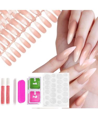 Allstarry 120pcs Extra Long Ombre French Fake Nail Natural Nude Stiletto Press on Nails Full Cover Artificial Wedding Party Manicure Nail Tips for Women and Girls