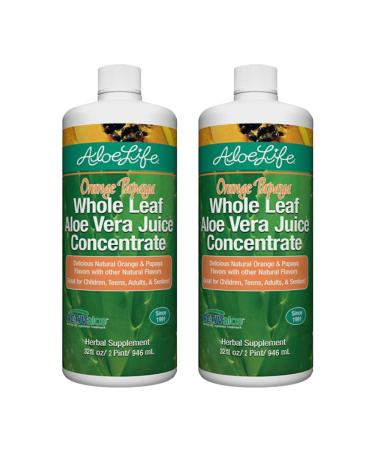 Aloe Life - Whole Leaf Aloe Vera Juice Concentrate Soothing Relief for Indigestion Antioxidant Catalyst Supports Energy & Wellness Organic Aloe Leaves Gluten-Free (Orange Papaya 32 oz) | 2-Pack