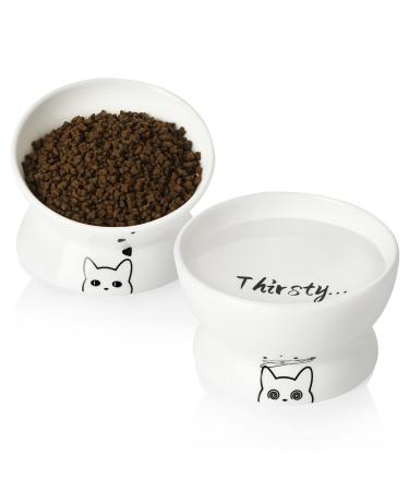Sweejar Home Raised Cat Bowls Set Tilted Food Bowl and Deep Water Bowl Stress Free Elevated Cat Food Bowls Protect Cat's Spine Ceramic Pet Bowl Collection for Cats and Small Dogs Set of 2 (White) White Two packs