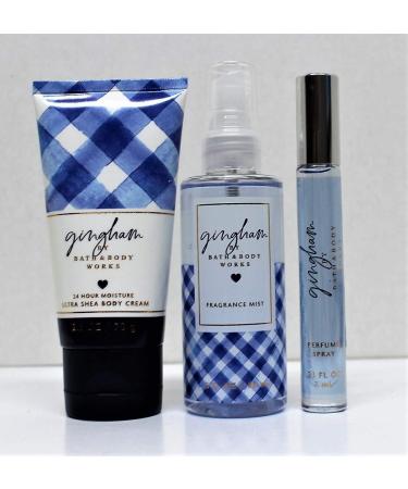 Bath and Body Works - Gingham - Body Cream Fine Fragrance Mist & Mini Perfume Spray - Travel Size 3 pc set.