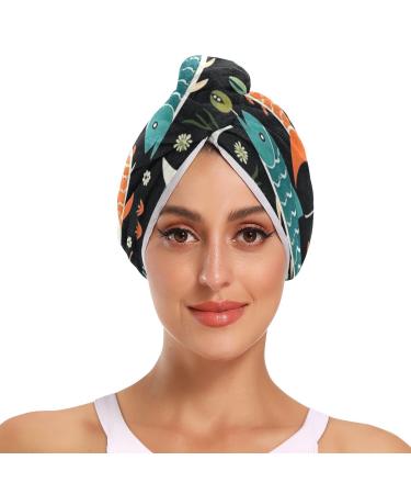 Blue Green Fishes Hair Towel 2 Pack Super Absorbent Hair Drying Towel Quick Dry Hair Turbans Head Towel with Button Twisty Wrap for Women Girls