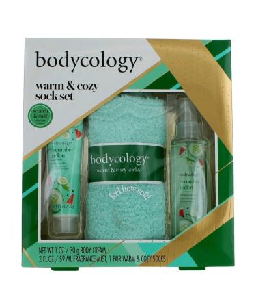 Bodycology 3 Piece Gift Set. Body Cream Fragrance Mist 1 Pair Warm & Cozy Socks. - Cucumber Melon Green 7.5 (04731)
