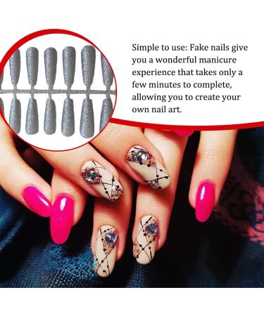 Dajidafu 24 Pieces False Nails Full Cover T-shaped Extra Long Press on Coffin Style Nail Tips DIY Supplies for Home Salon silver - Buy Online on GoSupps.com