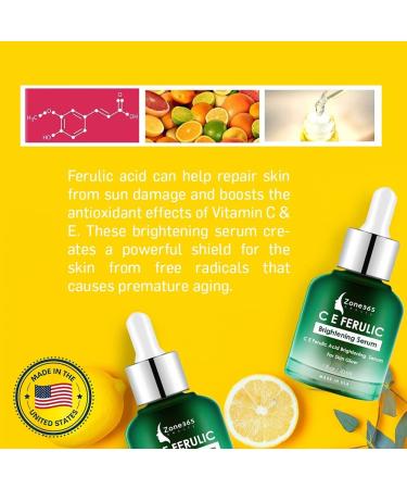 Zone 365 Brightening Serum with Vitamins C & E, Ferulic Acid, Hyaluronic Acid - Correct Skin Imperfections - Buy Online on GoSupps.com