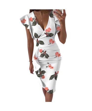 Briskyry V-neck flowers case of the kneeling business dresses women summer elegant bustier festival dresses sexy ruffled hems moored sleeves tightness party dress vintage dress xxl orange
