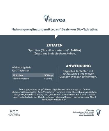 Super Spirulina Bio - 500 Vegan Tablets | Rich in Protein Iron & Antioxidants - Boost Immune System & Combat Fatigue - Vitavea - Buy Online on GoSupps.com