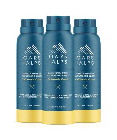 Oars + Alps Spray Deodorant for Men and Women Aluminum Free Deodorant and Full Body Spray California Coast 3ct California Coast 3.4 Fl Oz (Pack of 3)