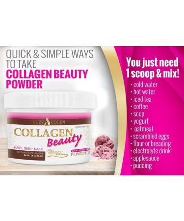 Collagen Beauty Powder By Suzy Cohen (3.3 oz) Anti Aging Hydrolyzed Protein Collagen Powder Type I and III for Supple Skin Shiny Hair & Strong Nails- Unflavored Powder Drink with Verisol- Made in US - Buy Online on GoSupps.com