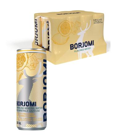 Borjomi Mineral Sparkling Water - pack Of 12 Can - natural spring water Citrus mix & Ginger Flavour - 330ml (11.15 Fl. Oz. Ea) mineral drinking water - Naturally Carbonated Flavoured Sparkling Water Citrus Mix-Ginger