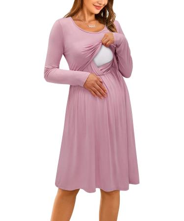 OUGES Womens V-Neck Long/Short Sleeve Casual Floral Maternity Dresses Nursing Gown Breastfeeding Dress with Pockets S Pink592