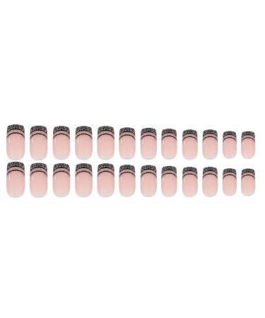 Buy Black French Tip Press On Nails - Short Square Glitter False Nails | 24 Pcs Acrylic Full Cover Design for Women - Buy Online on GoSupps.com
