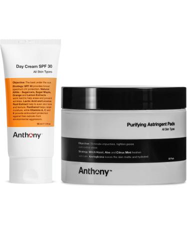 Anthony Day Cream SPF 30 Men s Face Moisturizer with Sunscreen 3 Fl Oz Witch Hazel Pads Pore Cleaner: 60 Count Purifying Astringent Cleansing Toner Pads
