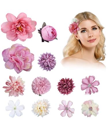 12PCS Flower Hair Clip Multi-color Roses Flower Headdress Clips Floral Hair Barrettes Boho Bride Claw Clip Hairpin Brooch Pin Hair Accessories for Women Girls (Pink Purple)