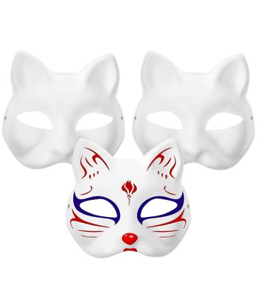 Ciieeo White Cat masks 3 pieces of DERIAN MASKS DIY cat facial masks Paintable blank masks cat fox masks White masquerade half-face masks made of paper.