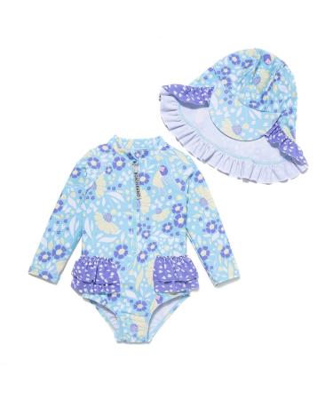 BONVERANO Baby Girls Swimsuit Toddler Bathing Suit Long-Sleeve Zipper One Piece Swimwear with UPF 50+ Sun Protection 6-9 Months Purple Flower