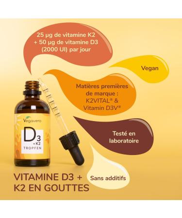 Vitamin D3 K2 Drops Vegavero | VEGAN | 2000 IU Vitamin D3 + 25 g Vitamin K2-MK7 | High Bioavailability and Dosage | Immunity + Teeth and Bone Health - Buy Online on GoSupps.com