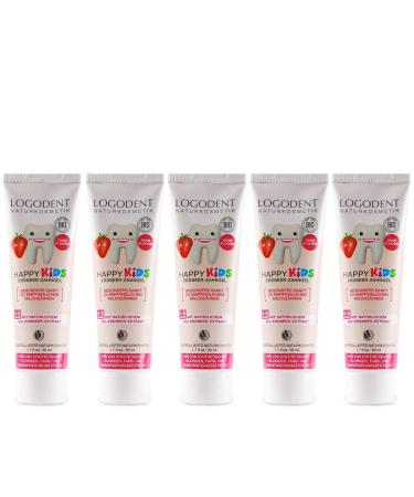 Logodent children toothed strawberry (5x50 ml) natural combination of active ingredients from strawberry aroma and organic family organic toothpaste vegan fluoride-free natural cosmetics