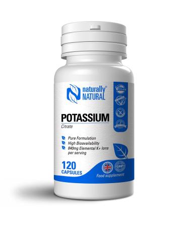 Naturally Natural Potassium Citrate 120 Vegan Capsules High Dose 840mg Elemental K+ Ions per Daily Serving (42% DV) Pure Formulation for Leg Cramps Blood Pressure and Electrolyte Balance