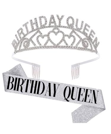 Birthday Queen Crown and Birthday Queen Sash Kit for Women Rhinestone Headband Crystal Hair Accessories for Girl Gold Crown and Birthday Sash Happy Birthday Party Decorations(Silver)