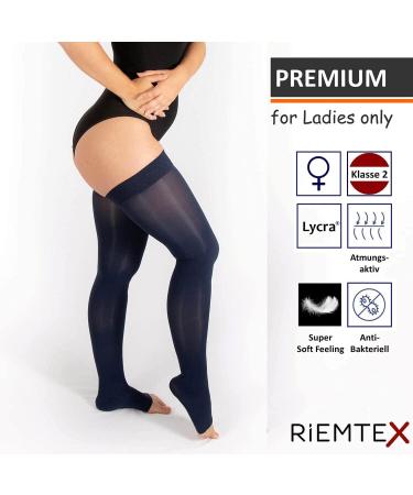 RIEMTEX PREMIUM Compression Stockings Class 2 CCL2 23-32 mmHg | Open Toe Thigh Highs for Men & Women | Navy Size 4 - Shop Internationally! - Buy Online on GoSupps.com
