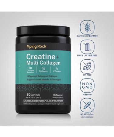 Piping Rock Creatine Monohydrate Powder | with Collagen and L-Taurine | 10 oz | Unflavored | for Women and Men | Non-GMO Gluten Free - Buy Online on GoSupps.com