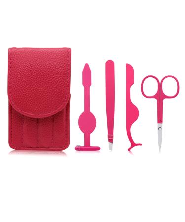LuckyOpt False Eyelashes Applicator 4Pcs Set Lashes Cosmetic Tool with Storage Leather Case Eyebrow Tweezers & Scissor Set for Trimming Eyebrow Pasting Fake Eyelashes& Double Eyelid Patch (pink)