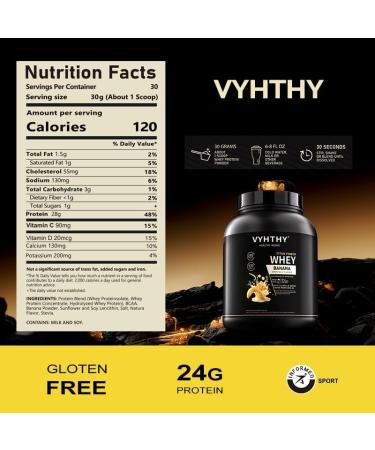 VYHTHY Banana Flavored Whey Protein Powder 24g Protein per Serving Fast-Absorbing Concentrated whey Protein Low Sugar Gluten-Free Natural Flavor 2 lbs/32 oz. - Buy Online on GoSupps.com