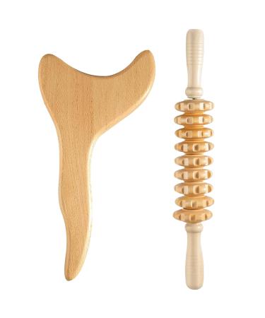 Lymphatic drainage massage base 2PCs wood therapy massage tools with 9-wheel massage roller & body gua SHA tool smooth lymphatic tool for legs back neck arms
