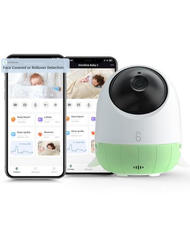 Simshine Baby Monitor with Camera and Night Vision Face Covered Alert AI Cry Soothing Lullaby Peace of Mind Sleep Analysis Breathing Temp Humidity 2K UHD Video Camera 2-Way Talk Green