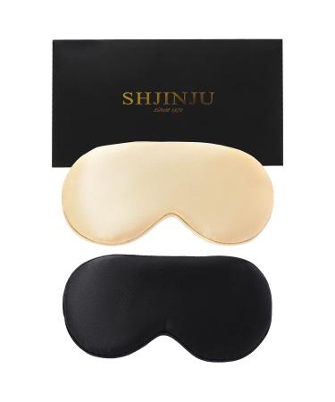 2-Pack 100% Real Natural Silk Eye Mask Silk Sleeping Mask Shade Puffy Eye Gift with Adjustable Straps Sleep Eye Mask SHJINJU Eye Mask Shade (Black and Champagne)