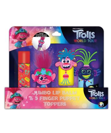 Trolls MEGA Lip Balm & Three Character Finger Puppets/Lip Balm Covers