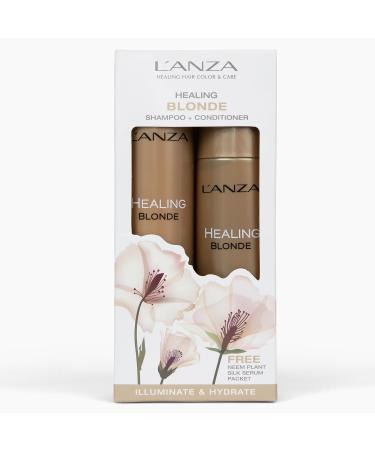 L'ANZA Healing Blonde Hair Care Kit Bright Blonde Shampoo Hair Conditioner & Healing Strength Neem Plant Silk Serum Paraben Free Sulfate Free Gift Box Blonde & Colored Hair (10.1/8.5FlOz+Sample)