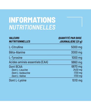 Nutripure | Pure Workout | Dietary Supplement | Pre Workout without Caffeine | EAA BCAA Citrulline Kyowa Beta Alanine CarnoSyn Tyrosine | Natural Blueberry Flavor | 15 x 21g | Made in France - Buy Online on GoSupps.com