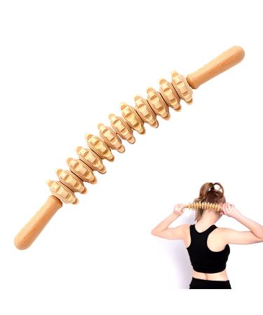 Fascia rod wood 41cm massage roller wood 1 piece of 12-wheel massage scooter with handle fascia roller wood for neck legs back body natural wood color