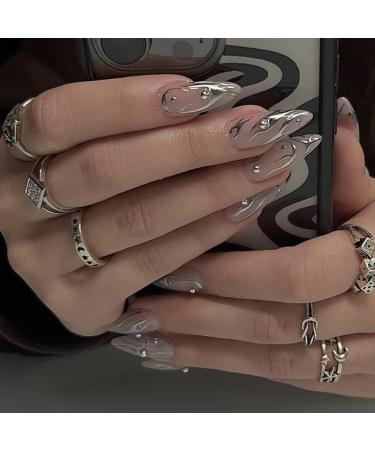 BABALAL Almond Press on Nails Medium Fake Nails Sliver swirl Glue on Nails Rhinestone Stiletto Acrylic Nails with Design FNf401