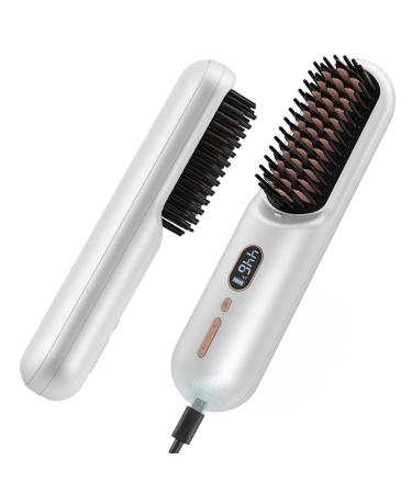 Cordless Hair Straightener Brush iTayga Upgraded Portable Hair Straightener Brush for Women with Travel Size 2 in 1 Negative Ion Wireless Hair Straight Comb 10000MAH(Nearly) USB Rechargeable White