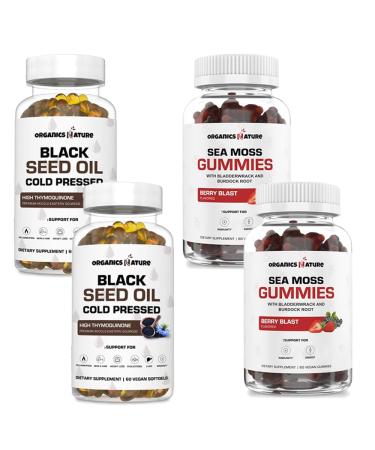 ORGANICS NATURE Black Seed Oil Capsules (2 Bottles) & Sea Moss Gummies (2 Bottles) | Vegan Softgels for Hair Skin Heart Joint Support Lung Detox Energy Mucus Clear Thyroid Digestion Omega 3s
