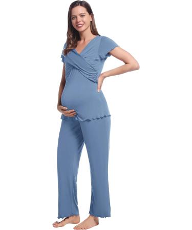 Maternity Pyjama Set XL | Short Sleeve Tops & Long Pants | Summer Cool & Moisture Wicking | Pregnancy & Nursing Sleepwear in Dusty Blue - Buy Online on GoSupps.com