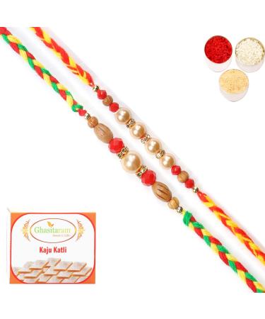 Ghasitaram Gifts Rakhi for Brother Rakhis Online - Set of 2 6431 6432 Pearl Rakhis with 200 GMS of Kaju katli