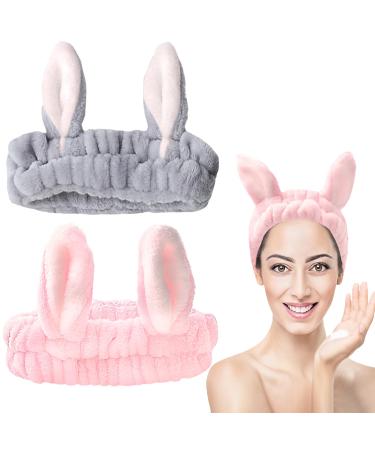 KEYRI 2 Pieces Face Wash Headband Spa Headbands Elastic Hair Band Bunny Ears Hair Bands Makeup Headbands Coral Fleece Headband Cute Wash Hair Band Bath Shower Head Wraps for Women Girls (Pink+Grey)